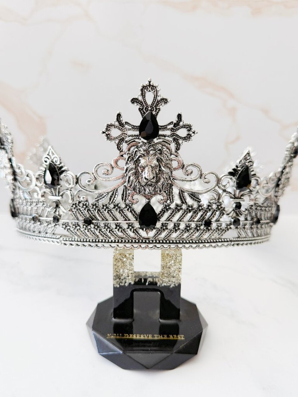 Silver Lion King Crown Black Crystal Cross Medieval Royal Cosplay Wedding Prom